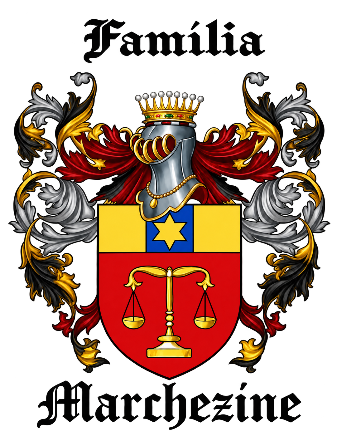Brasão da família Marchezine: escudo vermelho com balança dourada, faixa superior dourada com campo azul e estrela de seis pontas, elmo, coroa e ornamentos