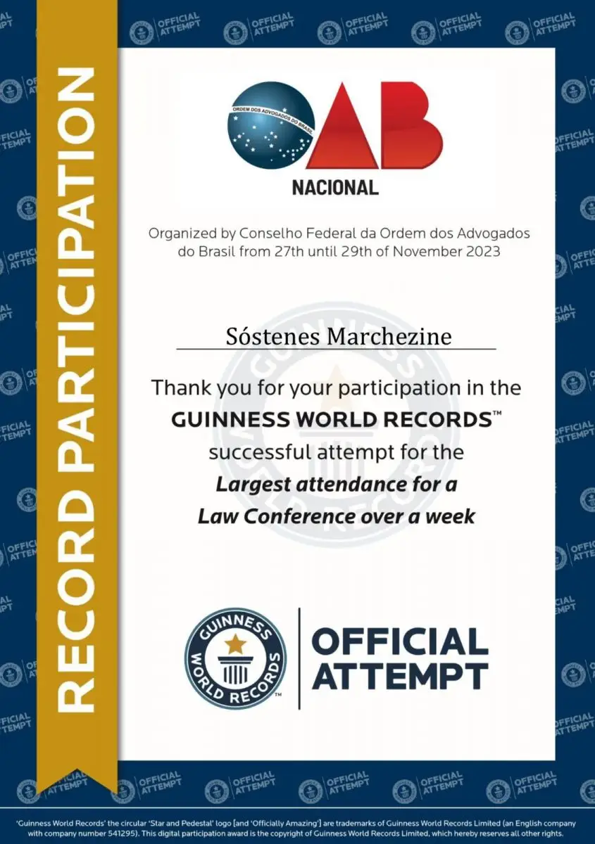 Certificado original do Guinness World Records em nome de Sóstenes Marchezine