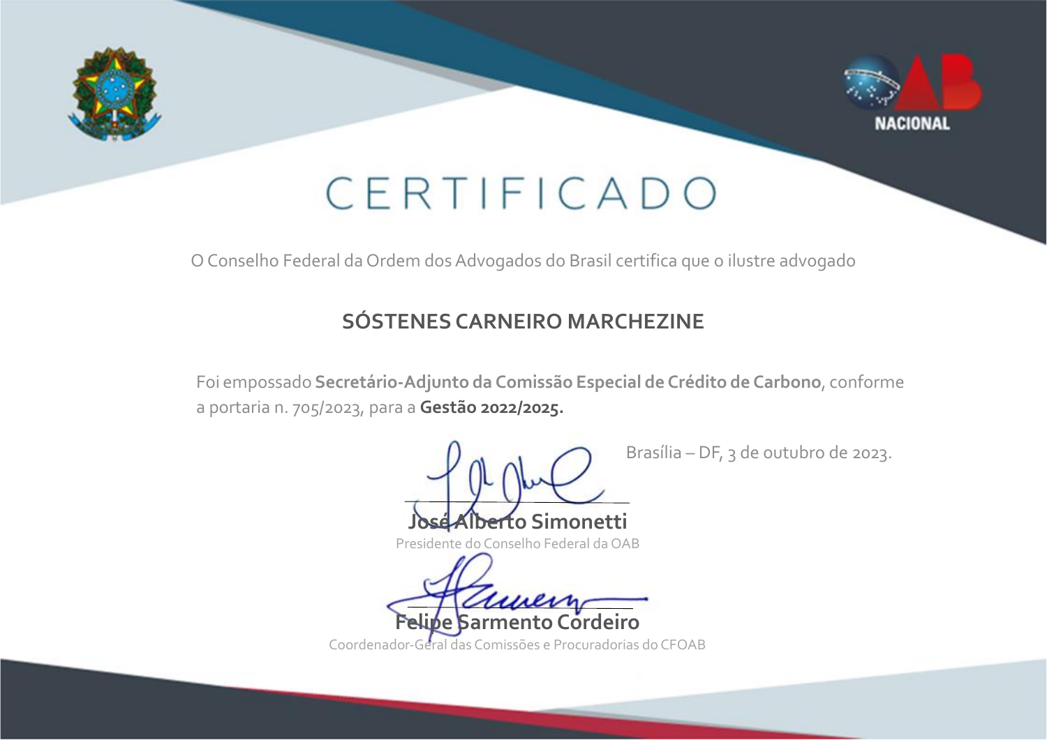 Certificado do CFOAB de posse de Sóstenes Carneiro Marchezine como Secretário-Adjunto da Comissão Especial de Crédito de Carbono, gestão 2022–2025