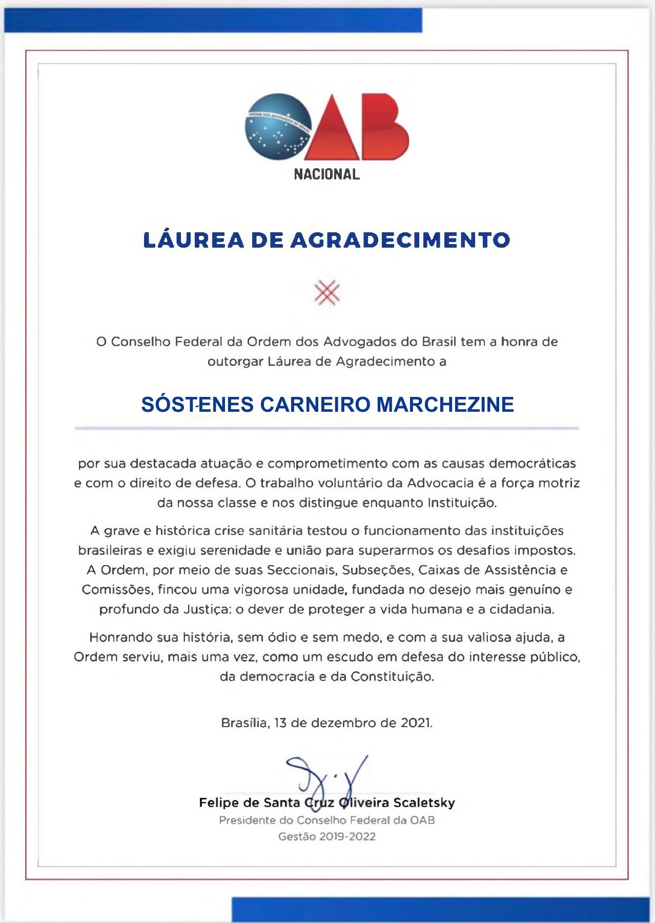 Láurea de Agradecimento da OAB Nacional