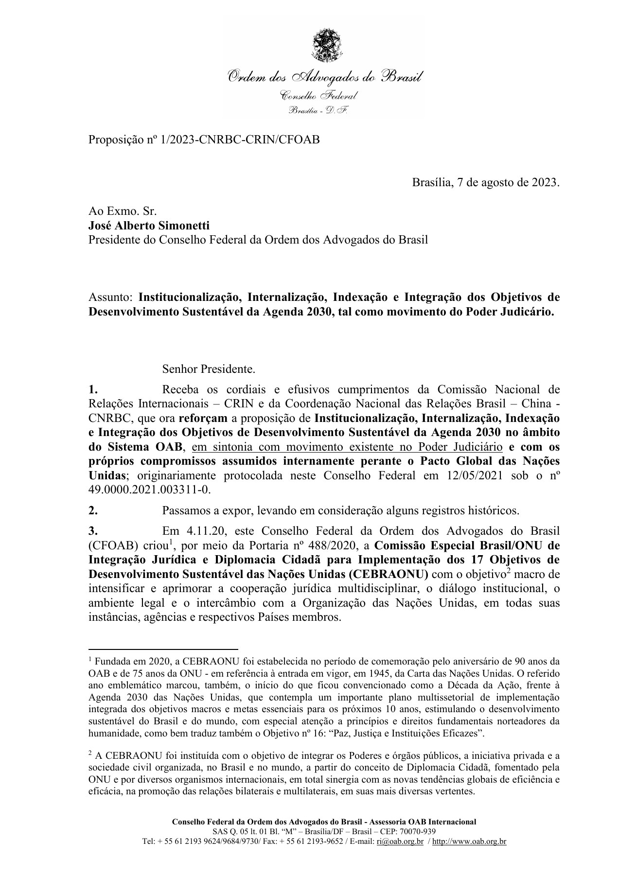 Proposição nº 1/2023: continuidade da pauta ODS